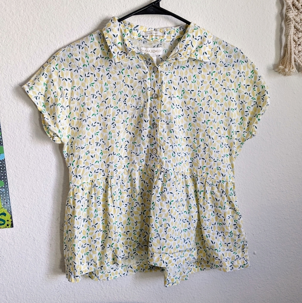 Cynthia Rowley 100% Linen Short Sleeve Peplum Blouse Size XS